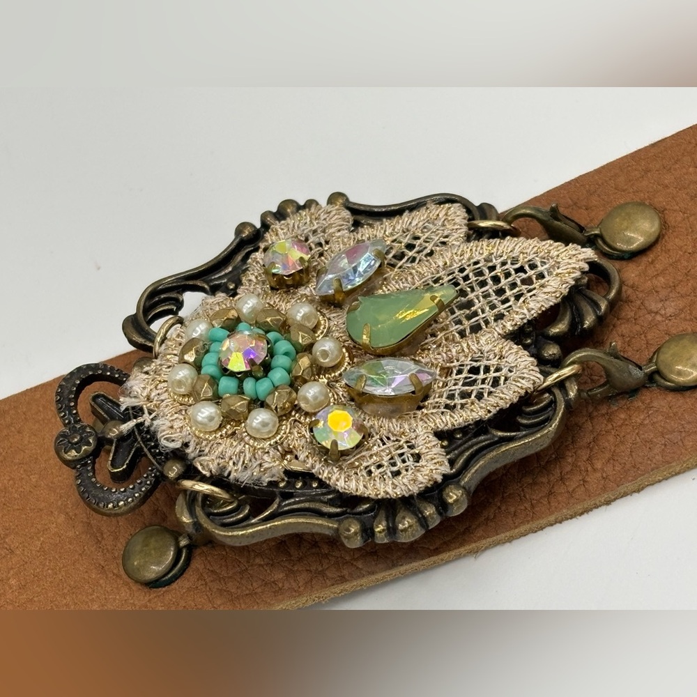 Faux Leather Brown Cuff Bracelet with Gemstone Accents and AB Crystals - Picture 3 of 8